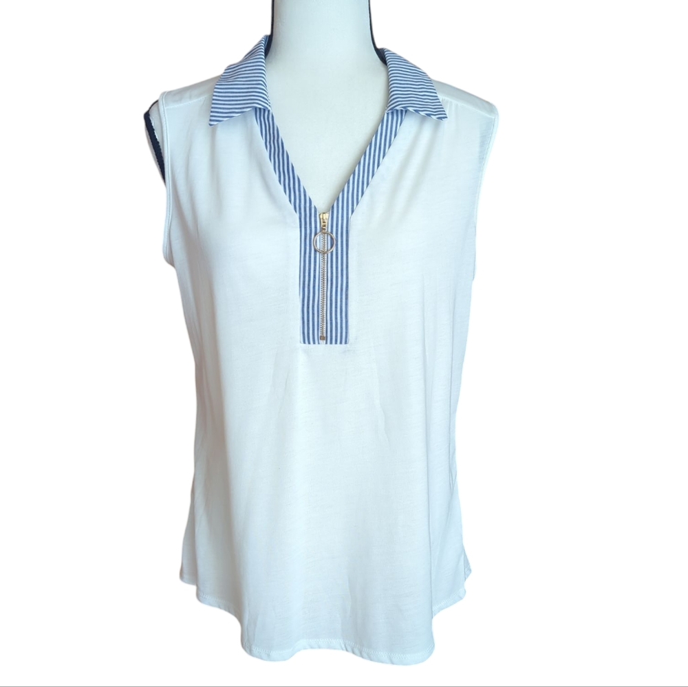 Ivy Ridge Striped Collar & Neckline Sleeveless Top LARGE White Blue
